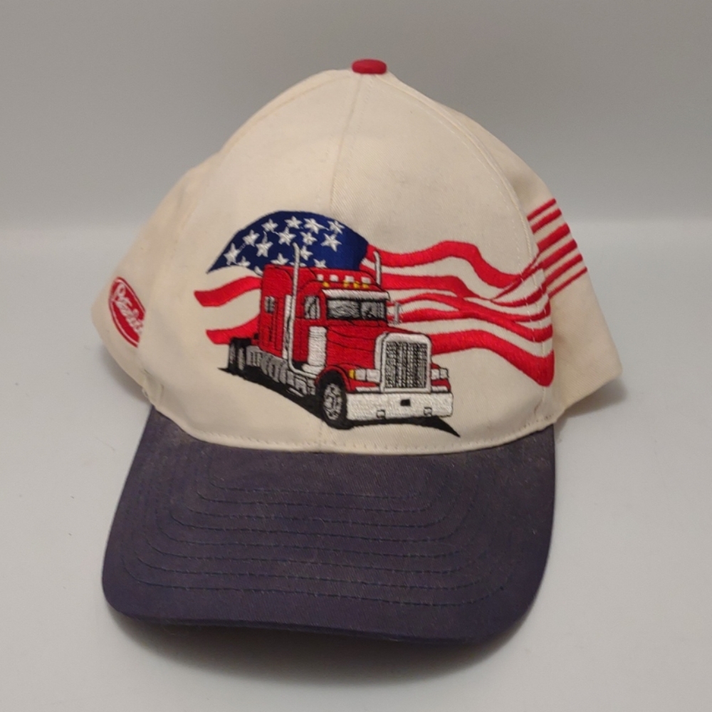 Peterbilt Trucker Hat Men's Adjustable Snapback American USA Flag Cap White Blue